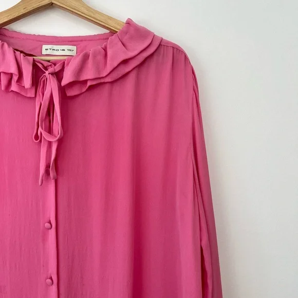 Etro Pink 100% Silk Ruffled Neckline Oversized Button Up Tie Blouse UK L - Picture 13 of 15